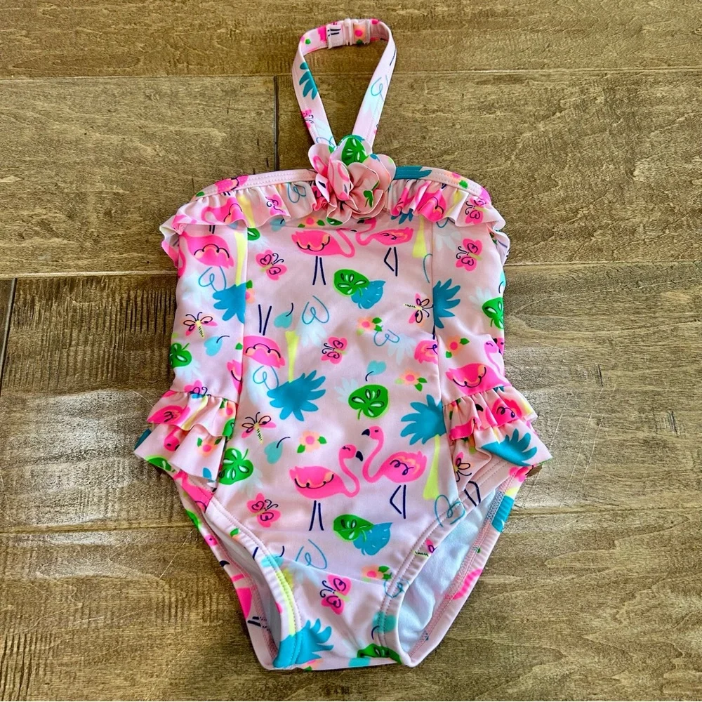 Gymboree Toddler Girls Flamingo Tropical Ruffle One Piece Swimsuit Pink 18-24 M